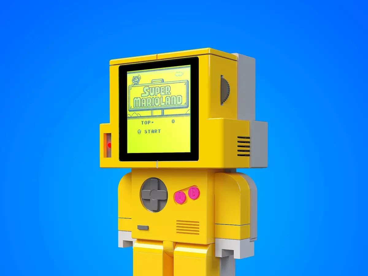 A yellow robot with a pixelated screen displaying 'Super Mario Land'.