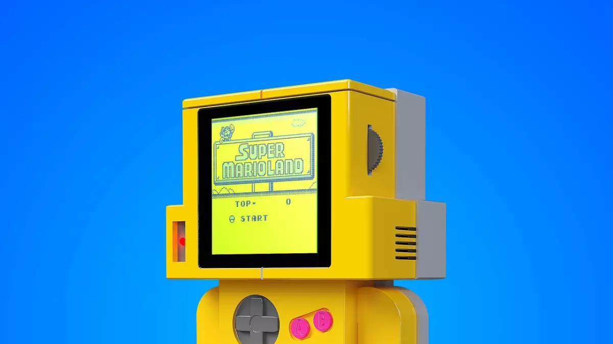 A yellow robot with a pixelated screen displaying 