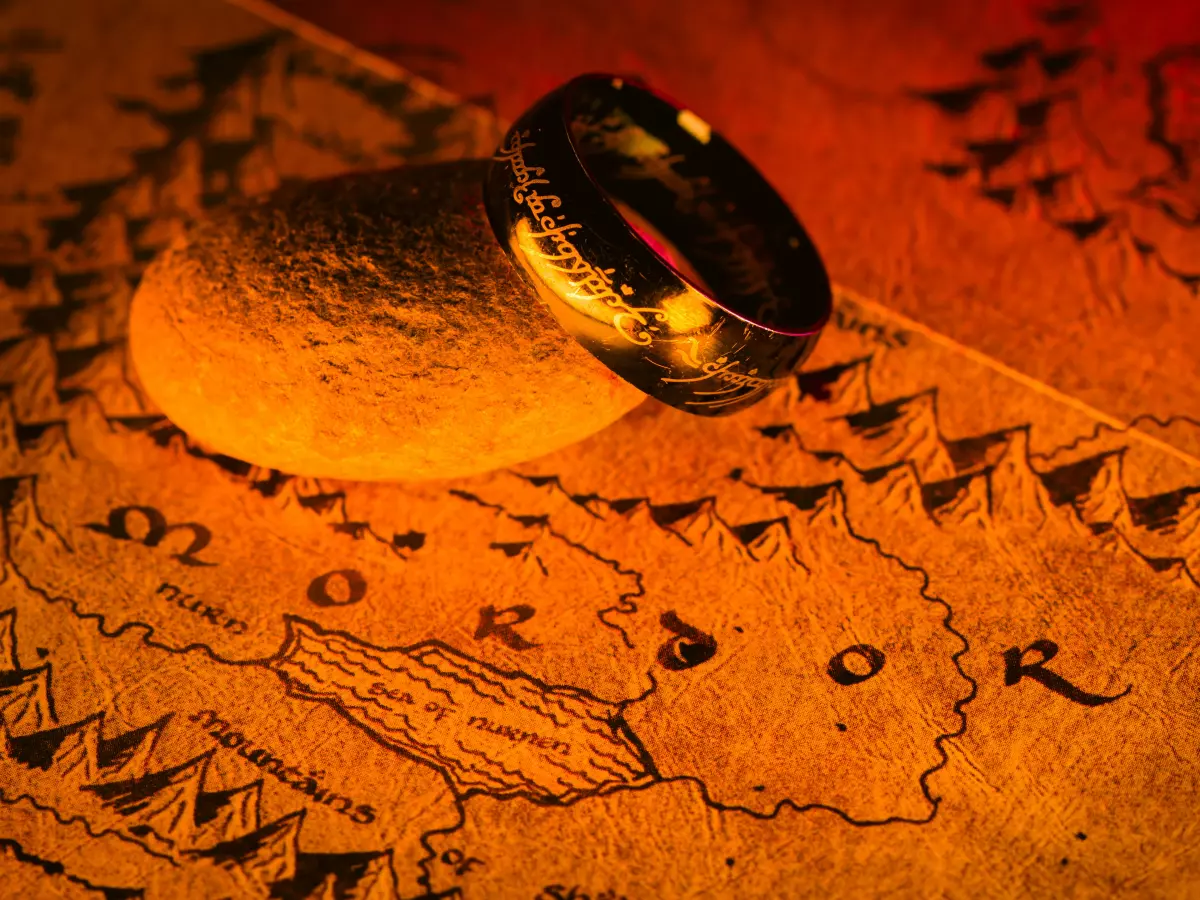 A close-up of a ring on a map of Mordor from the Lord of the Rings