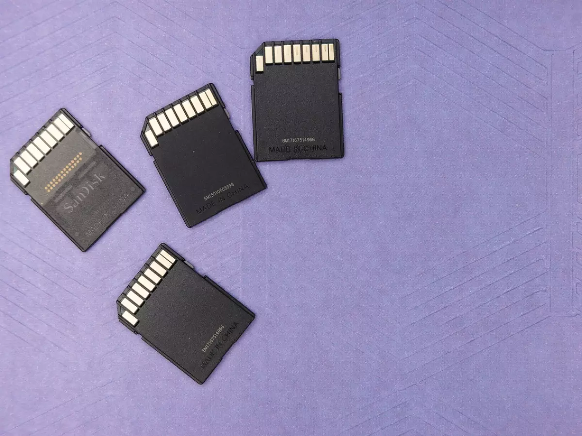 Four SD cards arranged in a row on a light purple background.