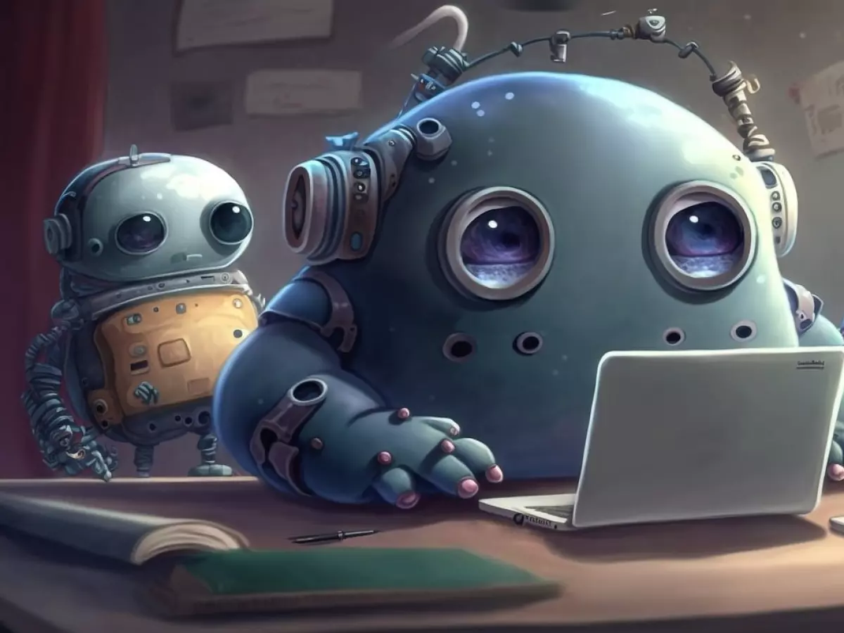 Three cartoon robots using a laptop computer