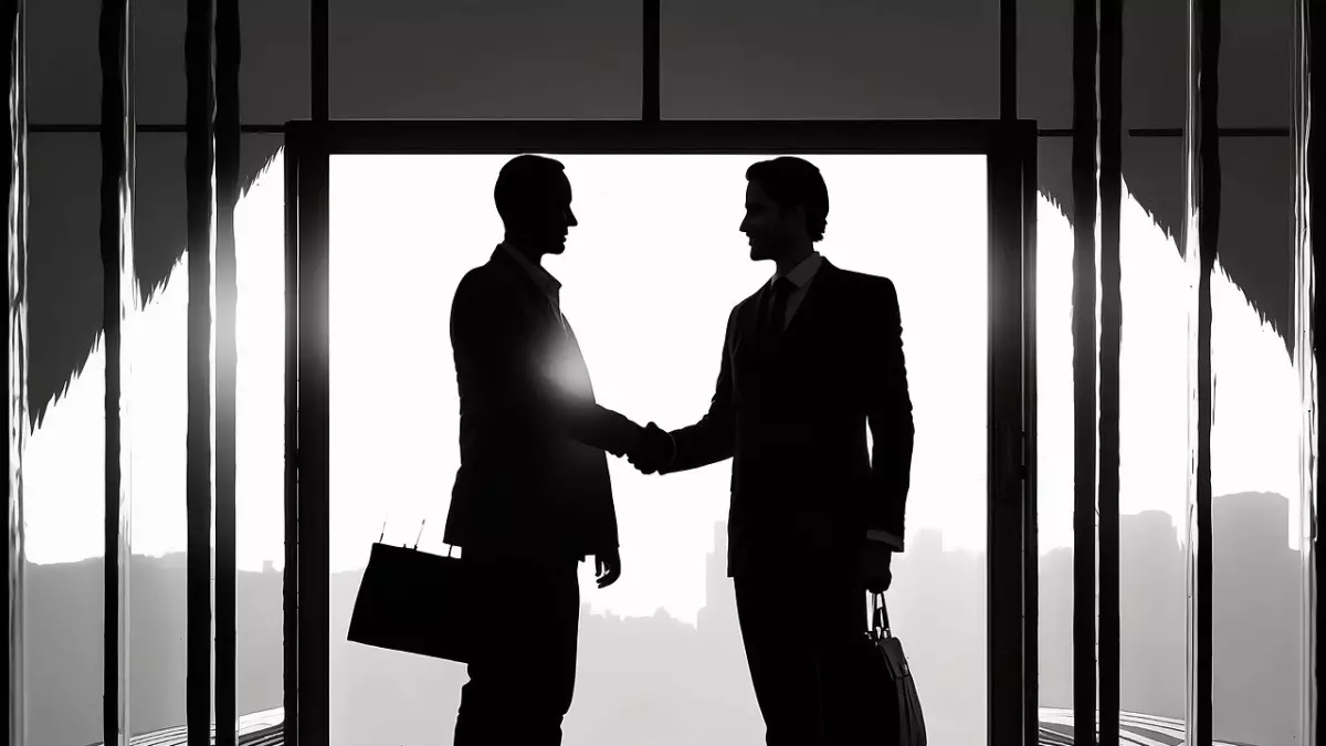 Two businesspeople shaking hands in front of a cityscape backdrop.