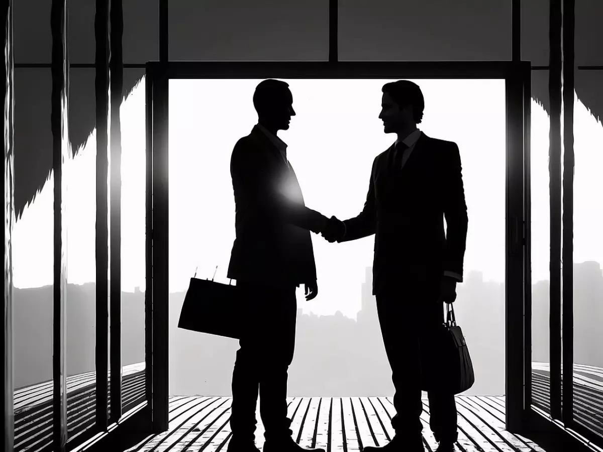 Two businesspeople shaking hands in front of a cityscape backdrop.