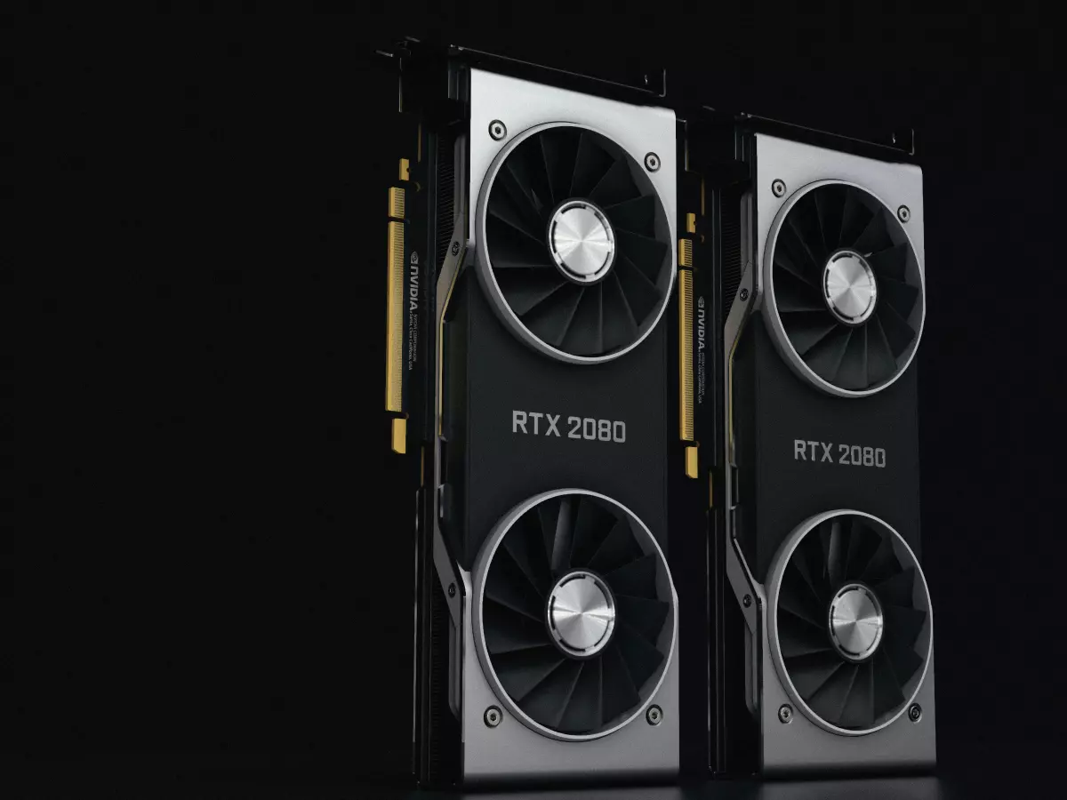 Two Nvidia RTX 3080 graphics cards, a high-end gaming and professional graphics card, in a sleek black and silver design, with the Nvidia logo prominently displayed on each card.