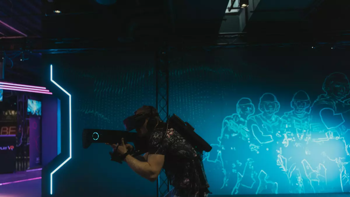 A person holding a weapon in a sci-fi video game environment, showcasing a futuristic world