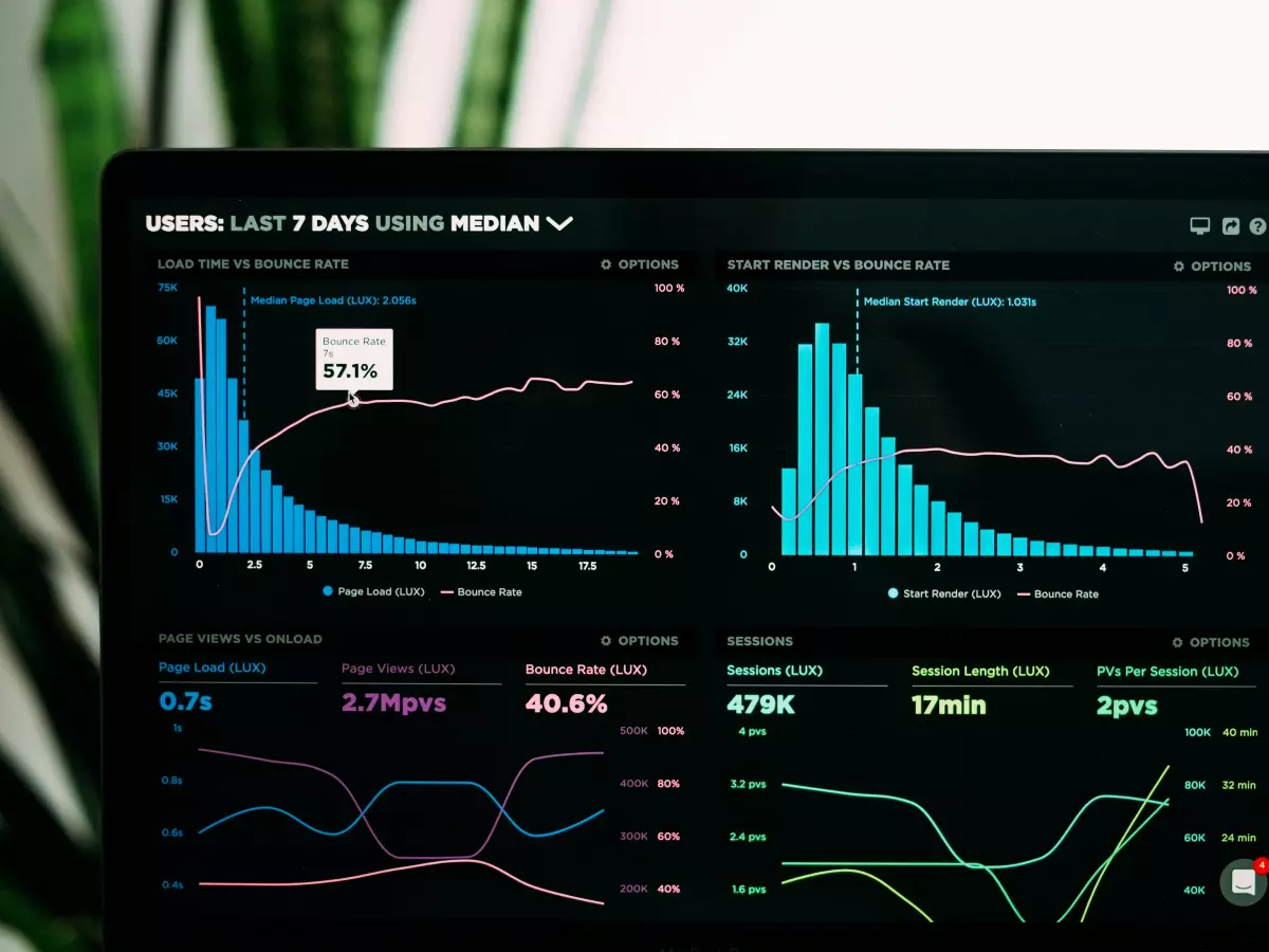 A close-up shot of a laptop screen displaying graphs and charts with data visualizations,  depicting various statistical information. The laptop is placed on a table with a green plant in the background.