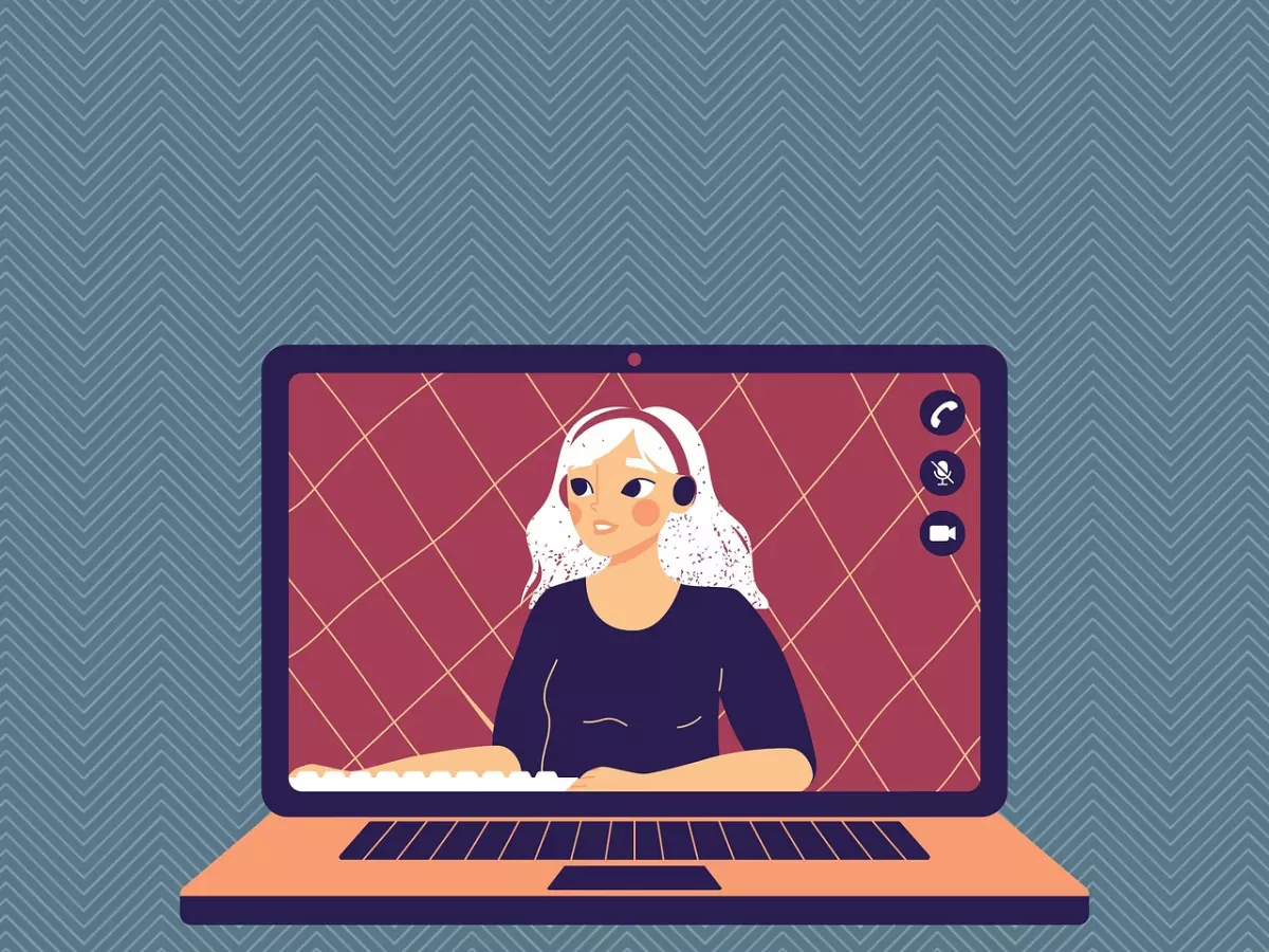 A cartoon illustration of a laptop screen with a woman in headphones on a video call. The screen is red and the woman is wearing headphones and a black shirt. 