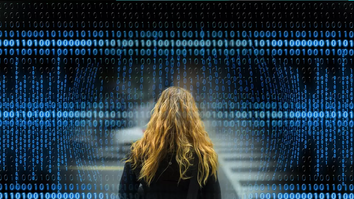 A woman is walking away from the camera while a digital data pattern is in the foreground.