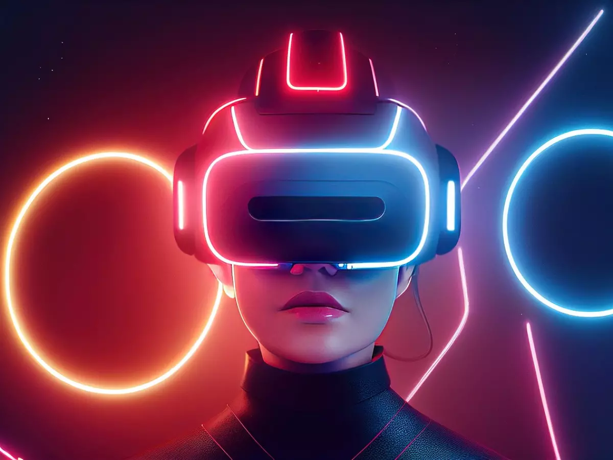 A woman wearing a futuristic VR headset, with glowing neon lights. 