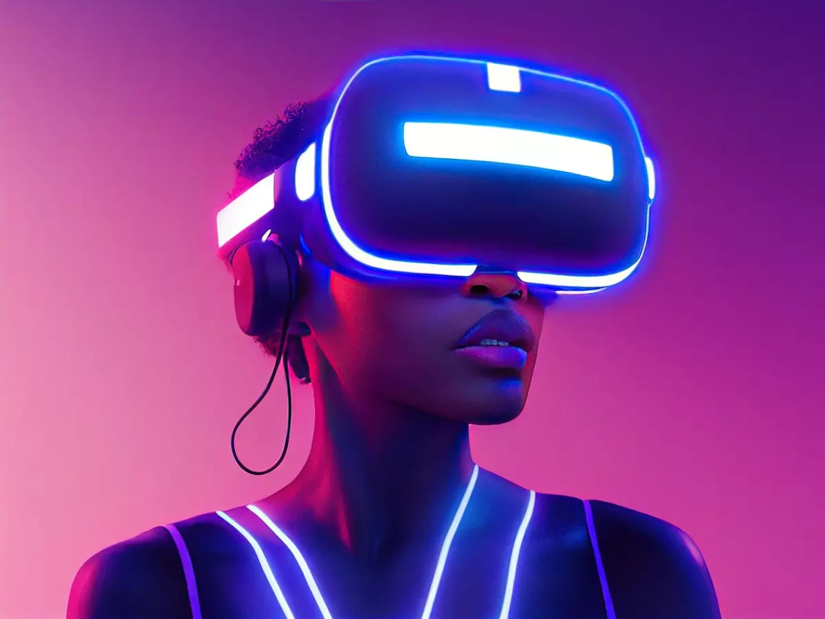 A woman wearing a VR headset with a pink and blue background