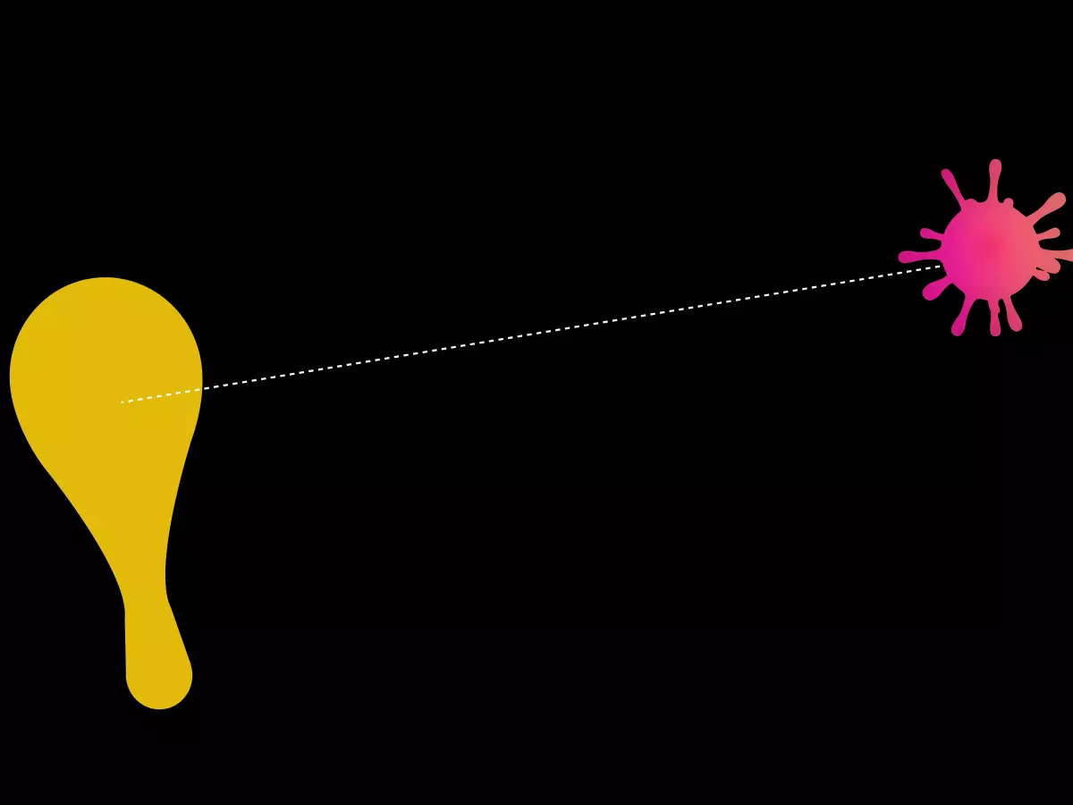 Abstract illustration of a yellow paddle deflecting a pink virus-like splash on a black background.